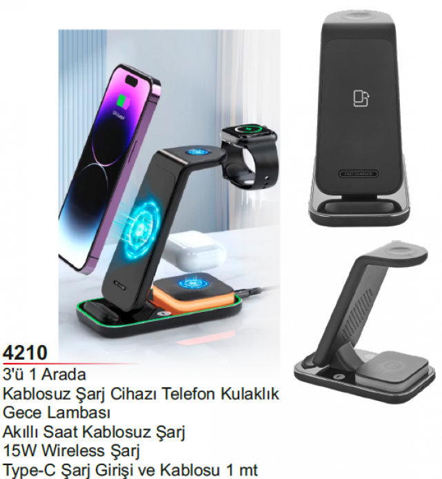 Unijoy 4210 3'ü 1 Arada Kablosuz Şarj İstasyonu